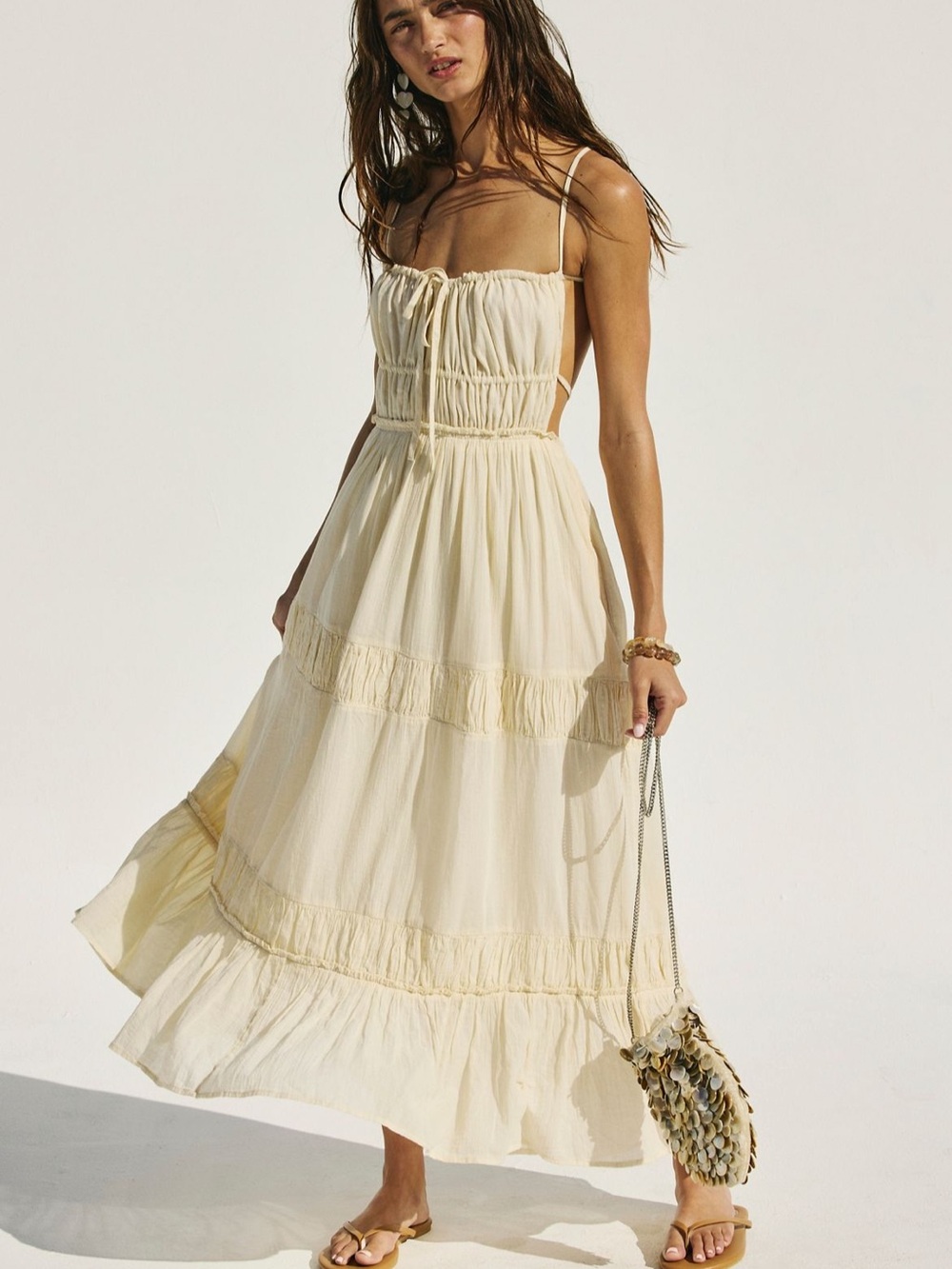Free People Cream Tiered Maxi Dress with Spaghetti Straps - Picture 3 of 4
